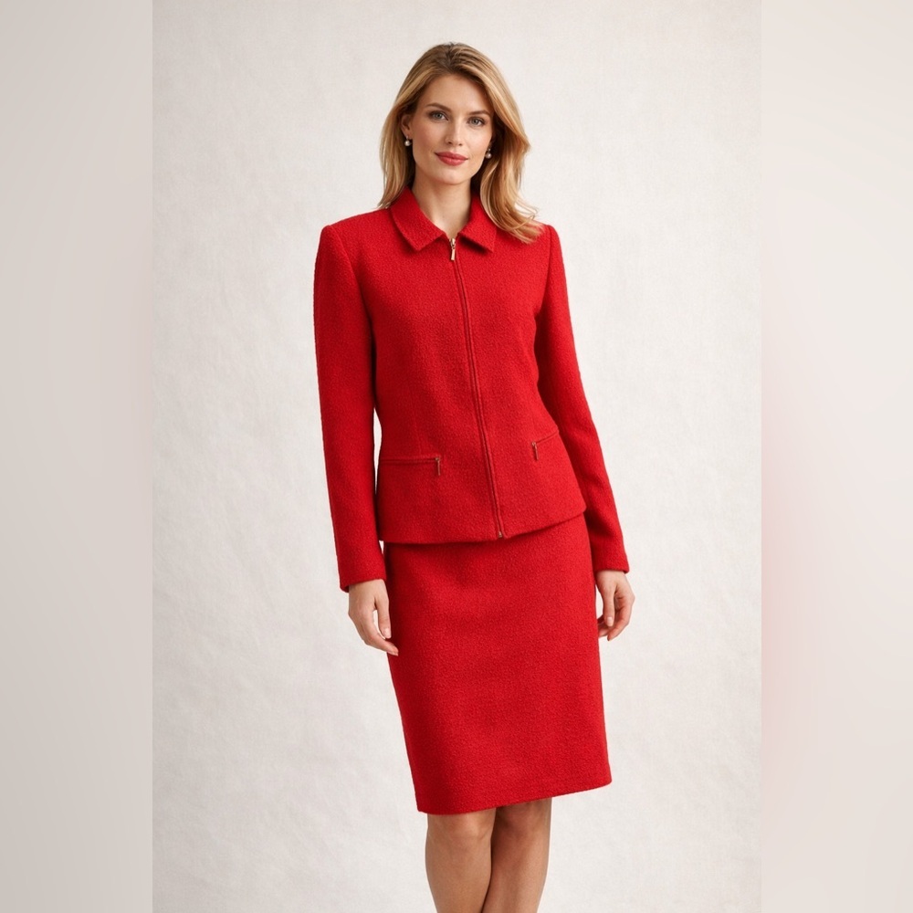 Chaus Red Wool 2-Piece Classic elegant Skirt Suit Women's Size 8/12